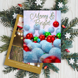 Golfballen & glanzende Ornamenten · Drie foto goud Feestdagenkaart