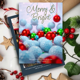 Golfballen & glanzende Ornamenten · Drie foto Navy Feestdagenkaart