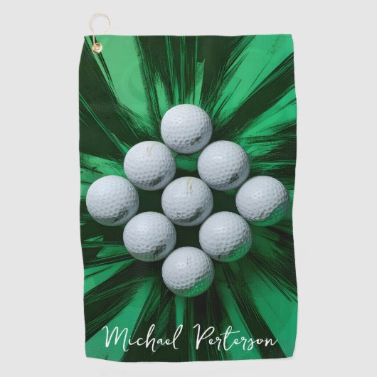 Golfballen op abstracte groene achtergrond golfhanddoek (Voorkant)