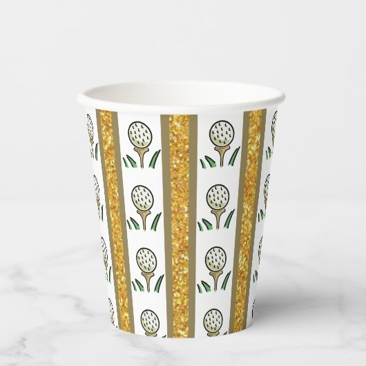 Golfballen op Tee Gouden Glitter en Wit Papieren Bekers (Voorkant)