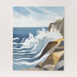 Golfbrekende golven | Rotsachtige kust waterverf Legpuzzel
