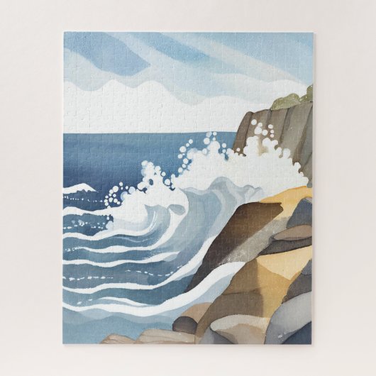 Golfbrekende golven | Rotsachtige kust waterverf Legpuzzel (Verticaal)