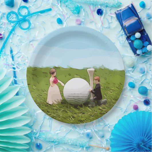 Golfbride en bruidegom met golfbal t-shirt Weddens Papieren Bordje (Feest)