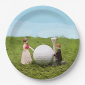 Golfbride en bruidegom met golfbal t-shirt Weddens Papieren Bordje (Voorkant)