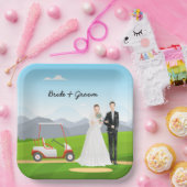 Golfbride en bruidegom met golfbal t-shirt Weddens Papieren Bordje (Feest)