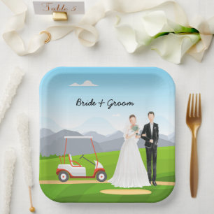 Golfbride en bruidegom met golfbal t-shirt Weddens Papieren Bordje