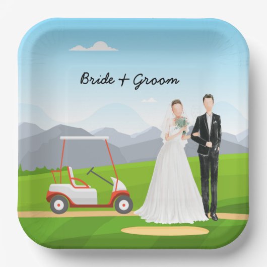 Golfbride en bruidegom met golfbal t-shirt Weddens Papieren Bordje (Voorkant)