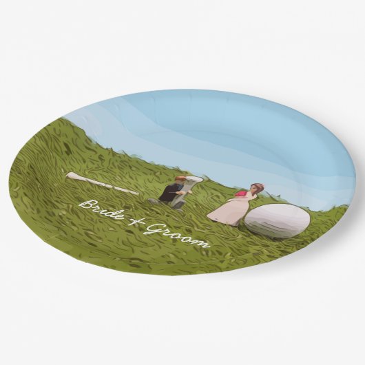 Golfbride en bruidegom met golfbal t-shirt Weddens Papieren Bordje (Gekanteld)