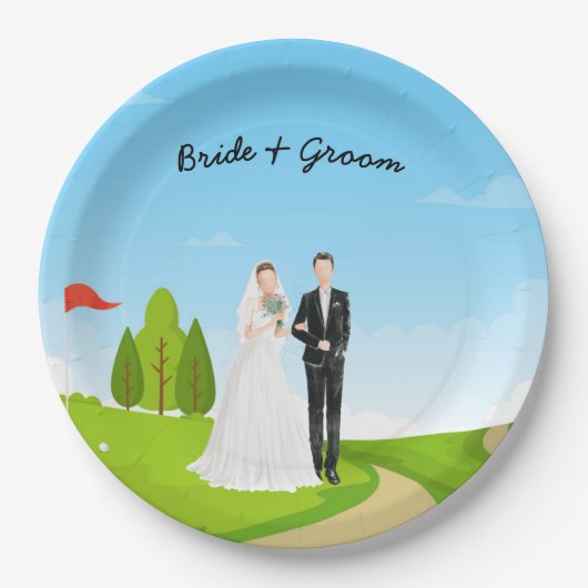 Golfbride en bruidegom met golfbal t-shirt Weddens Papieren Bordje (Voorkant)
