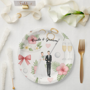Golfbride en bruidegom met golfbal t-shirt Weddens Papieren Bordje