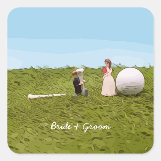 Golfbride en bruidegom met golfbal t-shirt Weddens Vierkante Sticker (Voorkant)