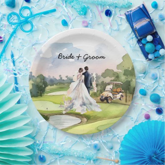 Golfbruid en bruidegom op golfbaan papieren bordje (Feest)
