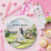 Golfbruid en bruidegom op golfbaan papieren bordje (Feest)