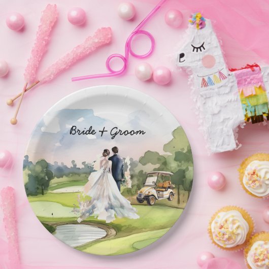 Golfbruid en bruidegom op golfbaan papieren bordje (Feest)