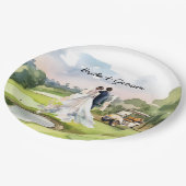 Golfbruid en bruidegom op golfbaan papieren bordje (Gekanteld)