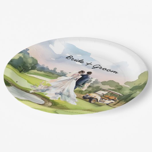 Golfbruid en bruidegom op golfbaan papieren bordje (Gekanteld)