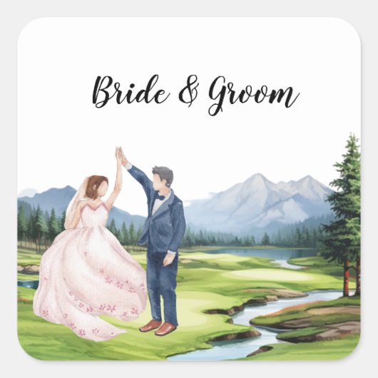 Golfbruiloft met bruid en bruidegom  vierkante sticker (Voorkant)