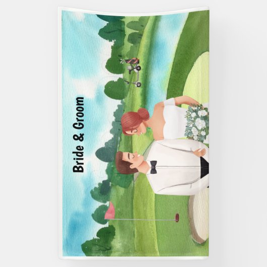 Golfbruiloft op golfbaan bruid en Bruidegom golfer Spandoek (Verticaal)
