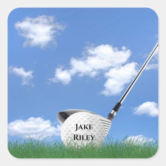 golfclub en -bal in gras vierkante sticker (Voorkant)