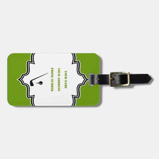 Golfclub en zwarte bal, groene gewoonte bagagelabel (Voorkant horizontaal)
