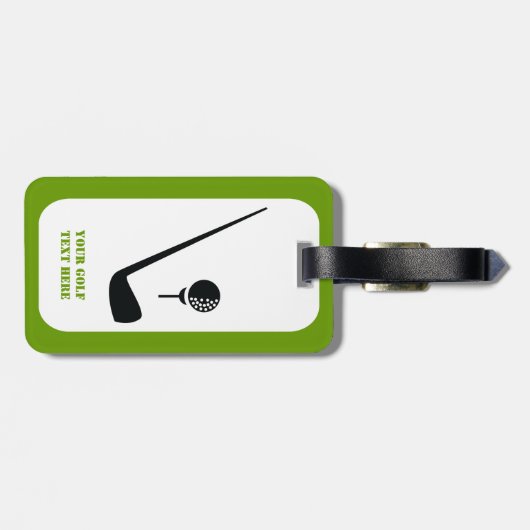 Golfclub en zwarte bal, groene gewoonte bagagelabel (Achterkant horizontaal)