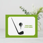 Golfclub en zwarte bal, groene gewoonte kaart (Staand voorkant)