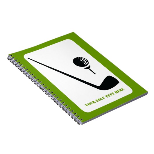 Golfclub en zwarte bal, groene gewoonte notitieboek (Rechterzijde)