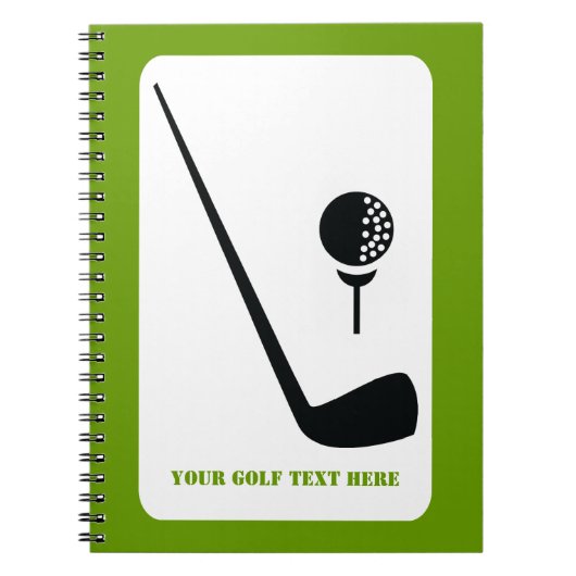 Golfclub en zwarte bal, groene gewoonte notitieboek (Voorkant)