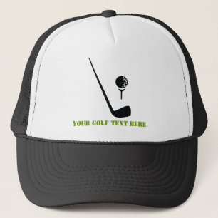 Golfclub en zwarte bal, groene gewoonte trucker pet