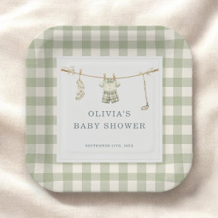 Golfclub Gingham Saliegroen Baby Shower Feest Papieren Bordje