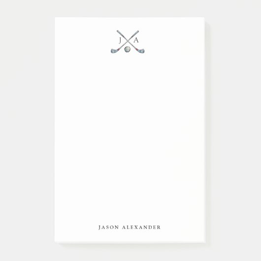 Golfclubs en bal met initialen plat post-it® notes (Voorkant)