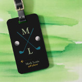 Golfclubs en ballen op zwart monogram bagagelabel