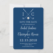 Golfclubs met blauwe monogram trouw save the dates save the date (Voorkant)