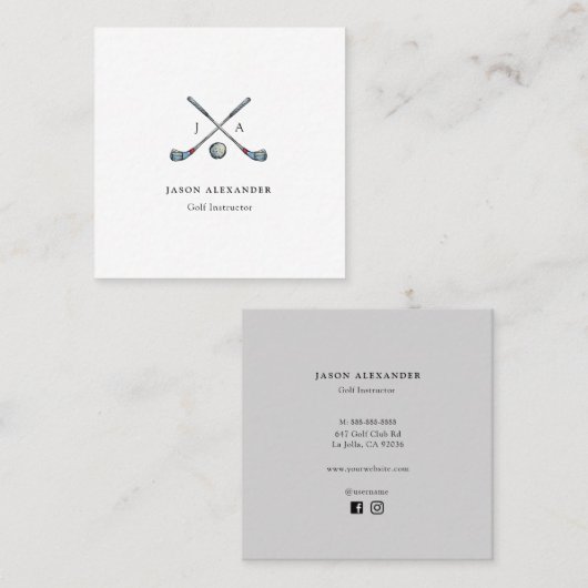 Golfclubs Monogram Golf Instructor Golf Pro Vierkante Visitekaartje (Voorkant / Achterkant)