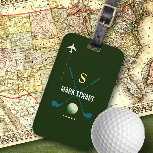 Golfclubs, naam + initiaal op groen monogrammed bagagelabel