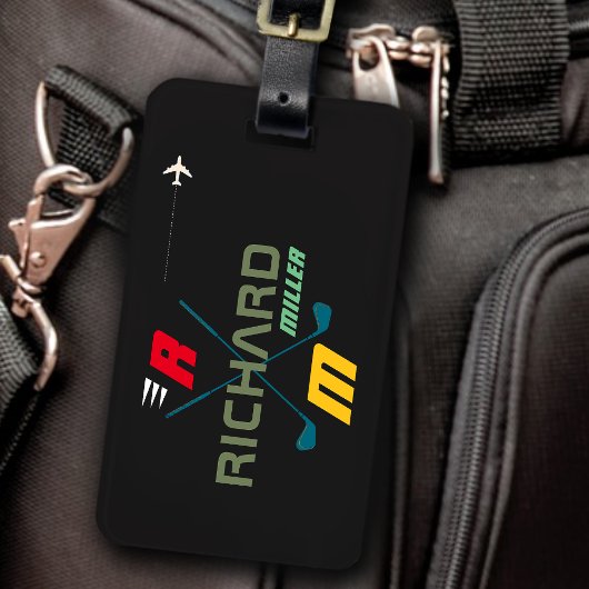 golfclubs, naam & initiaal op zwart monogrammen bagagelabel