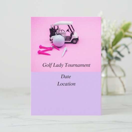 Golfdamestoernooi met golfbal en golfkar kaart (Staand voorkant)