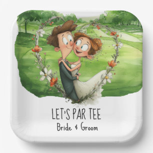 Golfen met de bruid en bruidegom op de baan papieren bordje