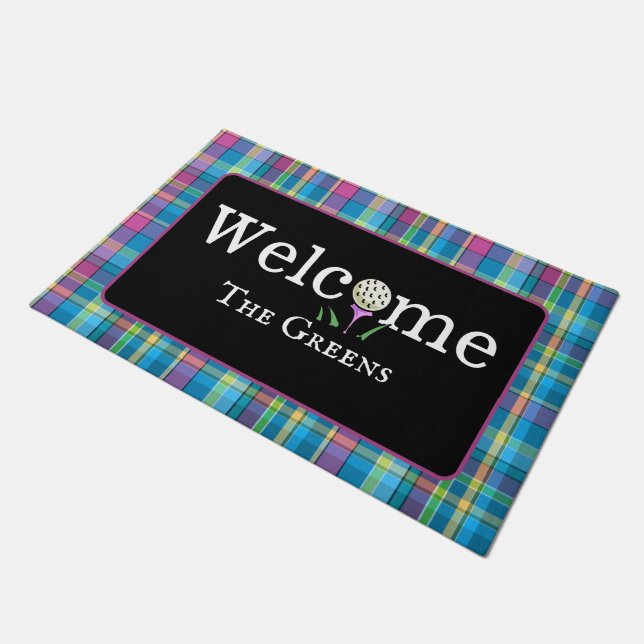 Golfen Paarse Turquoise Plaid Welkom Entryway Deurmat (Schuin)