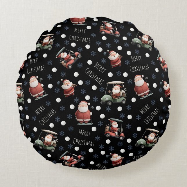 Golfen Santa op zwart Rond Kussen (Voorkant)
