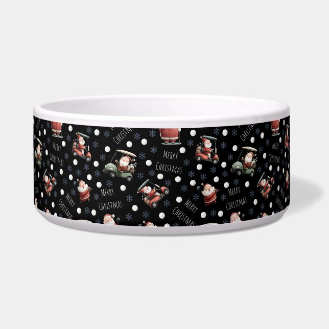 Golfen Santa op zwart Voerbakje (Voorkant)