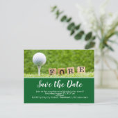 Golfen save the date met golfbal op t-shirt briefkaart (Staand voorkant)