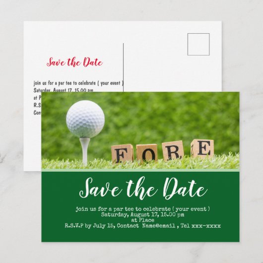 Golfen save the date met golfbal op t-shirt briefkaart (Voorkant / Achterkant)