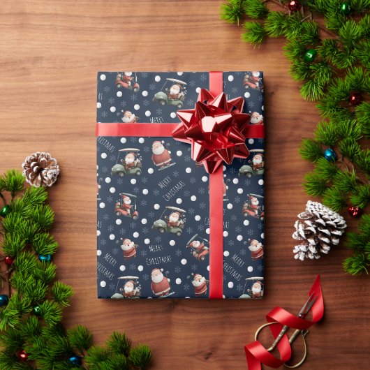 Golfende Kerstman op marineblauw Cadeaupapier (Feestdagen Geschenken)
