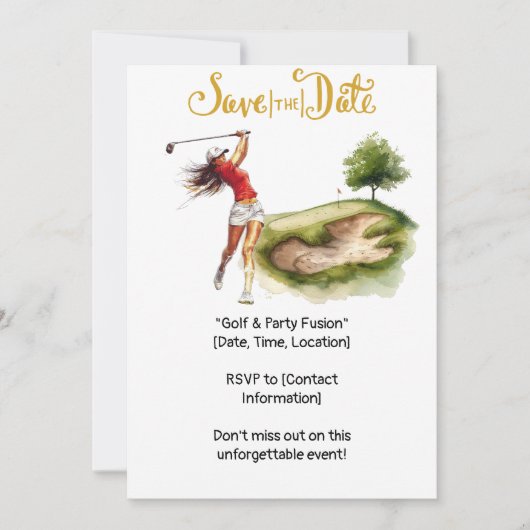 Golfende vrouw slaat een golfbal op de green kaart (Voorkant)