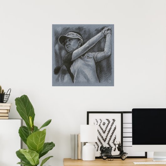 Golfende vrouw tekening - Golf Art Print (Thuiskantoor)