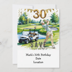 Golfer 30th Birthday met golfkar Save the Date Kaart