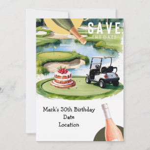 Golfer 30th Birthday met golfkar Save the Date Kaart