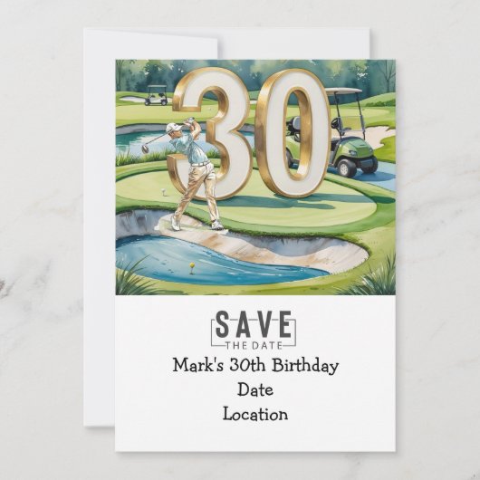 Golfer 30th Birthday met golfkar Save the Date Kaart (Voorkant)