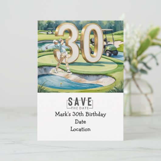 Golfer 30th Birthday met golfkar Save the Date Kaart (Staand voorkant)